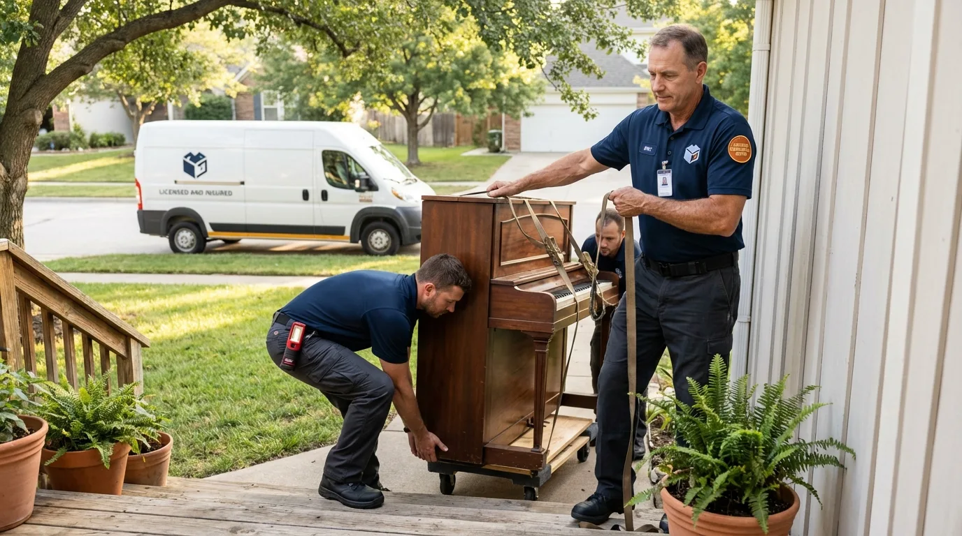 Licensed piano movers securing grand piano in Loveland, OH