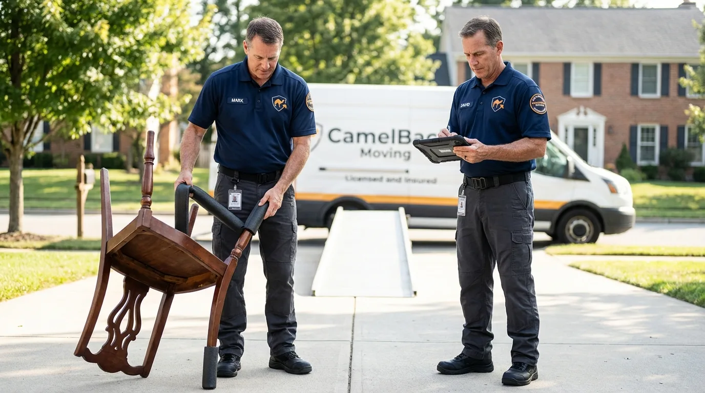 Movers inspecting furniture for damage prevention before loading in Loveland, OH