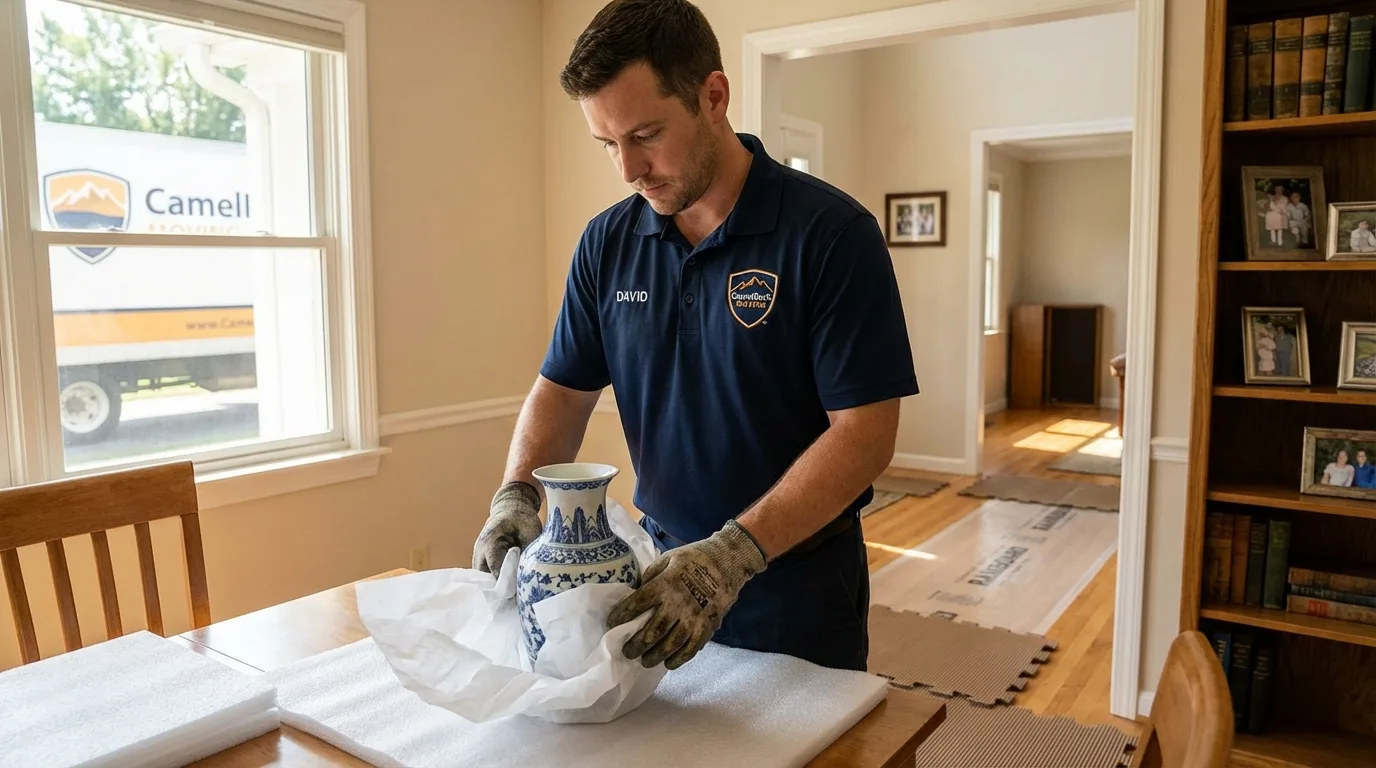 Professional crew carefully wrapping antique vase for senior downsizing move in Loveland, OH